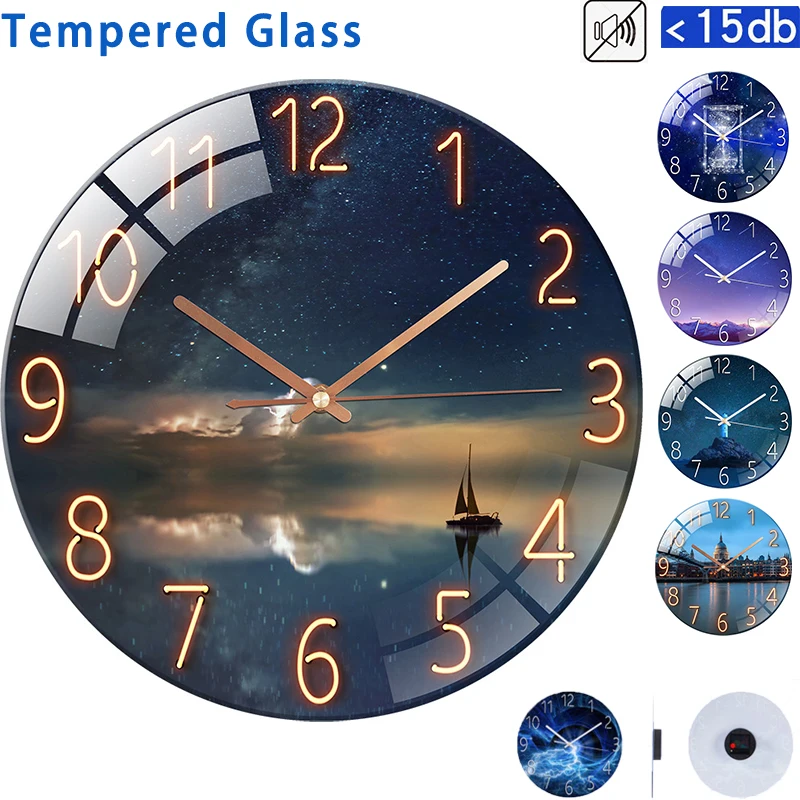 

NEW Wall Clock Modern Landscape Tempered Glass Quartz Clock Colorful Art Decorative Clock Living Room Bedroom Home Wall Decor