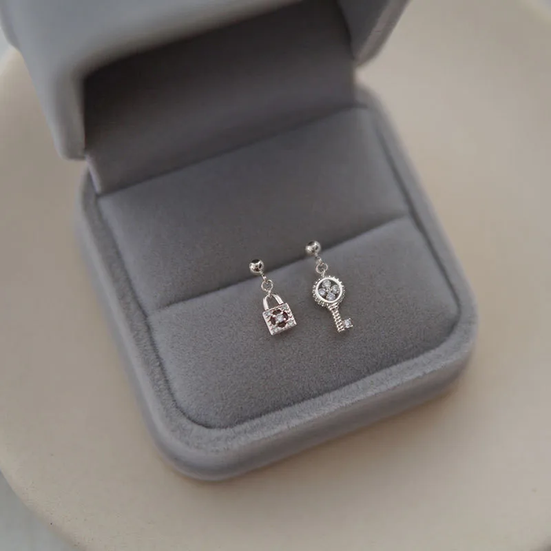 HI MAN S925 Sterling Silver Asymmetric Crystal Lock Key Stud Earrings Women Elegant Girlfriends Friendship Jewelry
