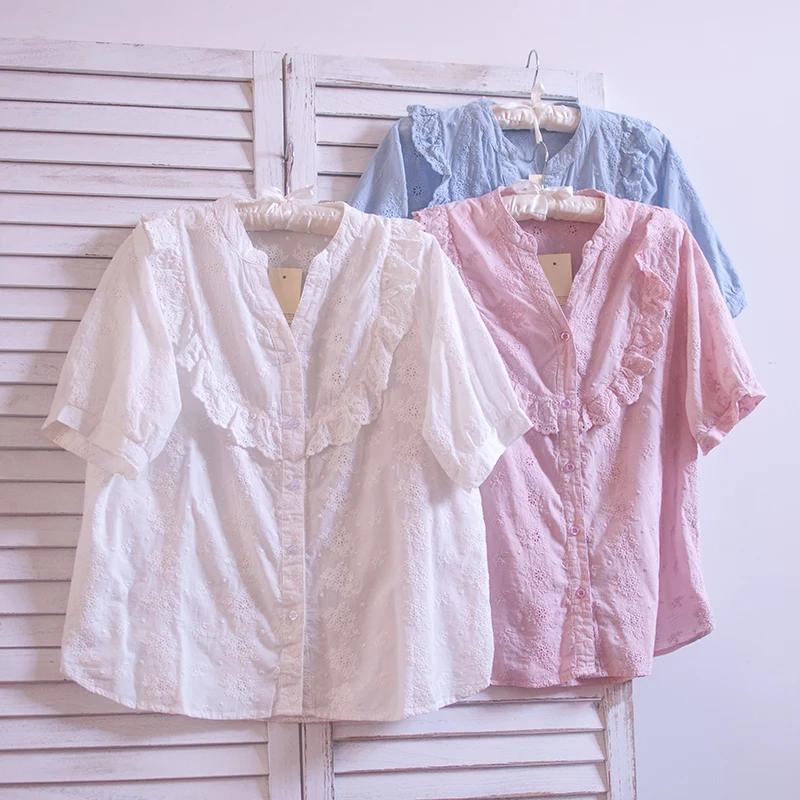 TIYIHAILEY-Tops de algodón de manga corta para mujer, blusa holgada con bordado de estilo japonés, color blanco, para verano, envío gratis