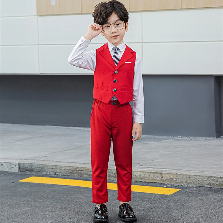 Boy Top Ring Bearer Waistcoat Clothes Set Kids Formal Suits Child Tie Long Sleeve Shirt Vest Trousers Toddler Gentleman Outfits