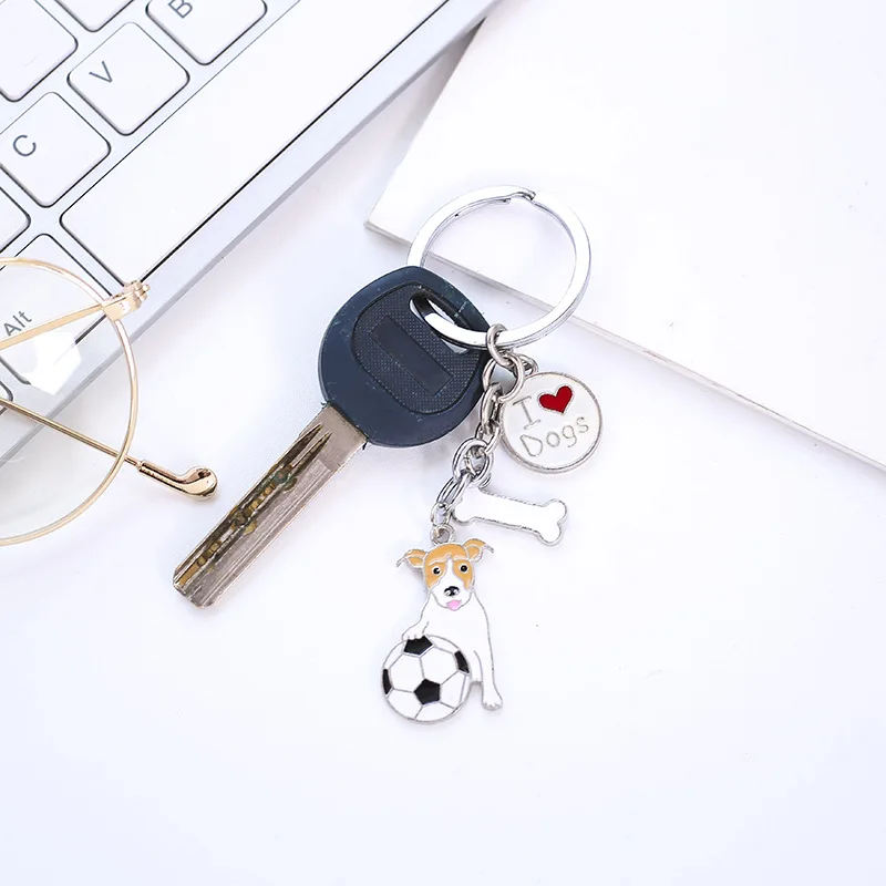 I Love Dog Playing Football Jack Russell Terrier Keyrings Pendant Women Metal Pet Bag Charms Car Key Chain Holder Jewelry Gifts