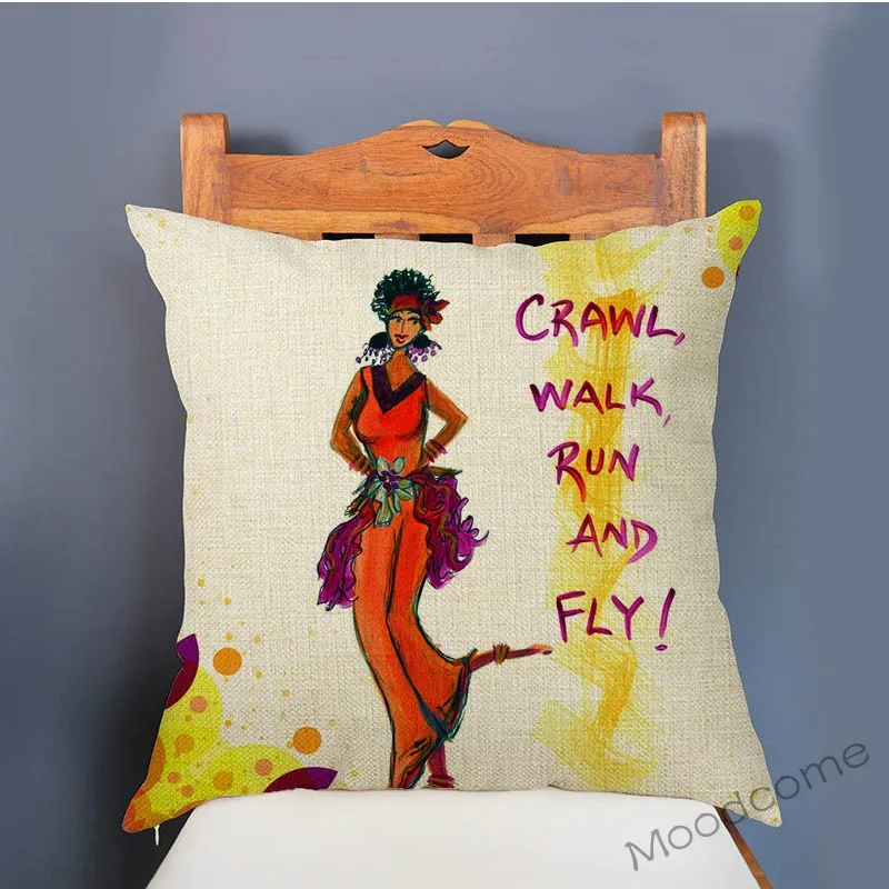 Fashion African Queen Sketch Black Girl Woman With Encouraging Quotes Cartoon Art Sofa Pillow Cover Cotton Linen Cushion Cover