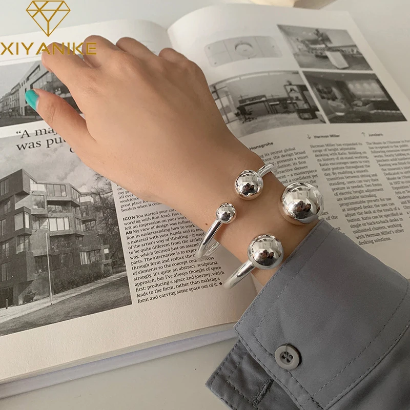 XIYANIKE Silver Color  Solid Double Ball Bracelet Female Opening Unique Design Handmade Jewelry Couple Present Wholesale