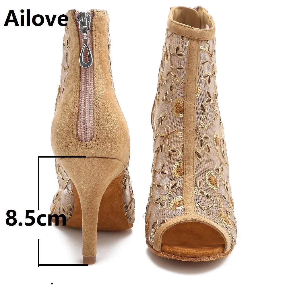 Ailove Women`s Social Ballroom Latin Salsa Dance Boots Plant Print Air-mesh Party Dancing Shoes with Bronze Flock Back Heel S057