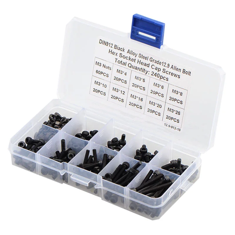 Kit de tornillos hexagonales de acero al carbono, juego de combinación de tuercas de alta resistencia, M3, 240 piezas, 12,9
