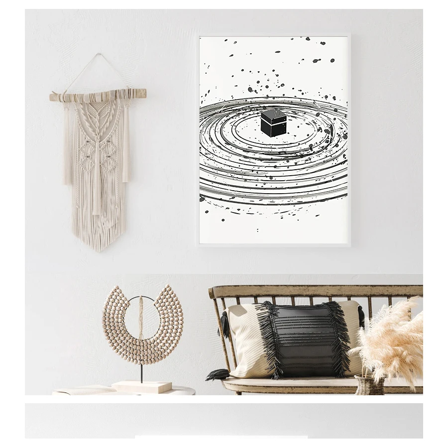 Islamic Wall Art Canvas Painting Muslim Poster Black White Traditional art Picture Home Decor Kabah Illustration Abstract Print