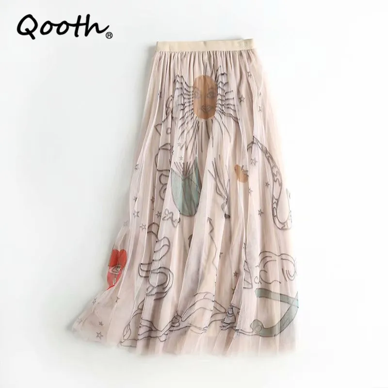 Qooth Fairy Floral High-waisted A-line Mesh Skirt Spring Summer Casual Black Midi Long Skirts Women Sweet Tulle Skirt QT703