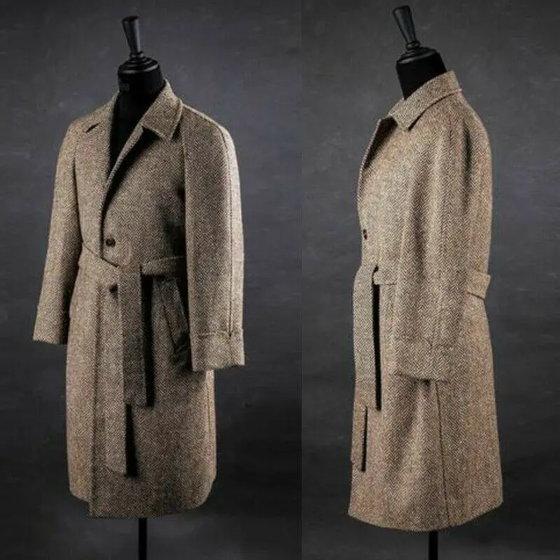Herringbone Men Overcoat Vintage Long Jacket Wool Blend Outwear Coats With Belt Winter Warm Formal Business Wedding Daily
