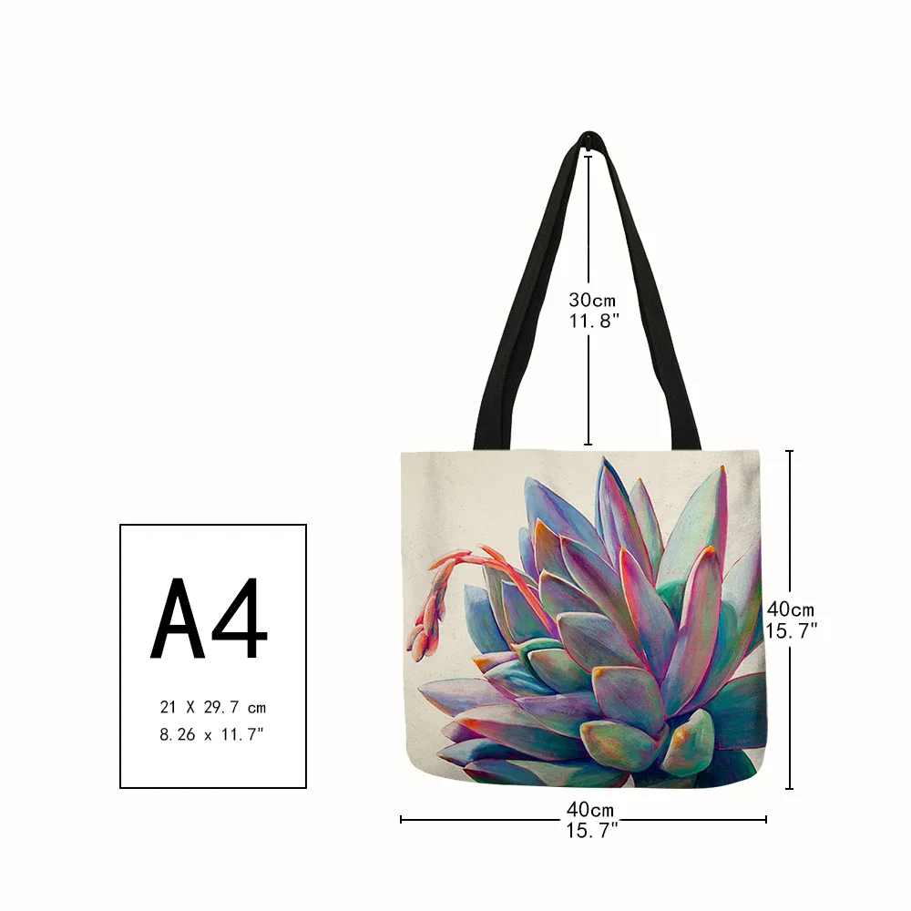 Watercolor Tropical succulent Plants Print Linen Bag Floral Tote Bags For Women Folding Reusable Shopping Bags Traveling Bags