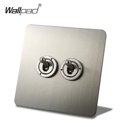 Wallpad Silver 2 Gang 2 Buttons Toggle Switch Electric Light Switch Satin Chrome Brushed Stainless Steel Panel