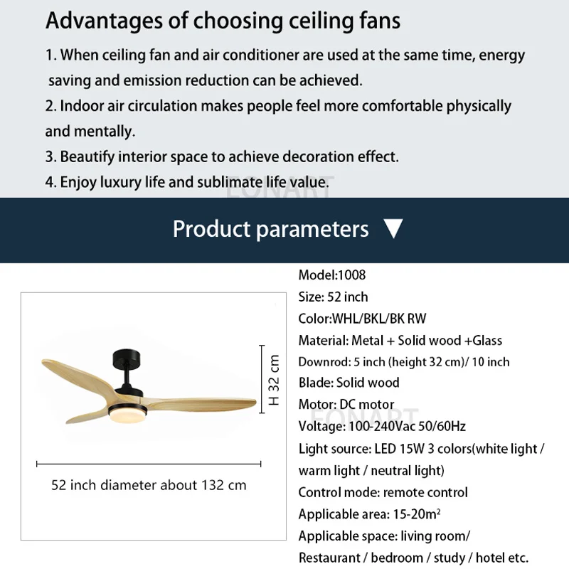 52 Inch European Led light Dc Ceiling Fans For Home Roof Decoration Solid Wood Blade Ceiling Fan With Remote Control  Ventilador