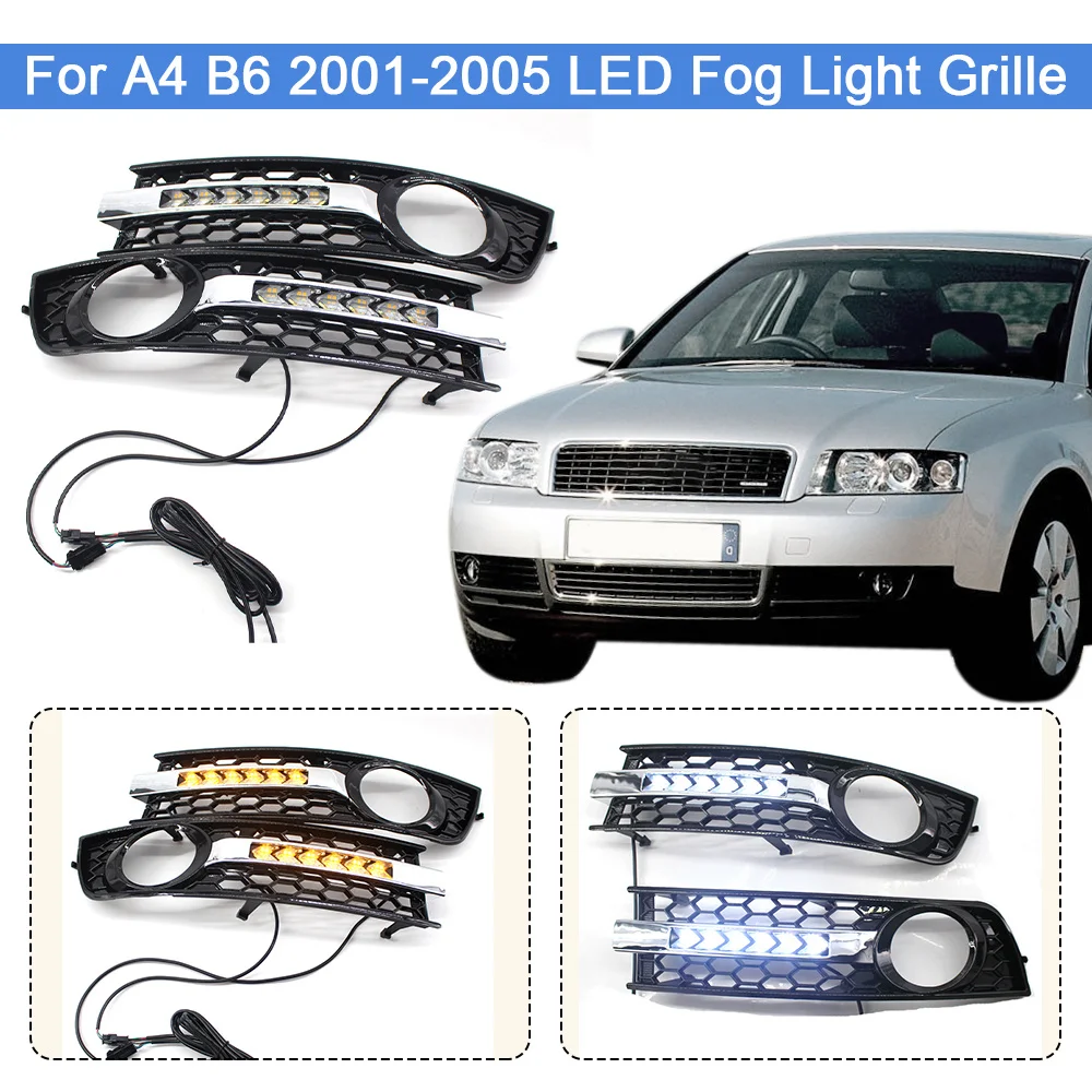 

1 Pair Car Front Fog Light Grille Flowing LED DRL Daytime Running Light Turn Signal Lamp Mesh Cover Grilles For A4 B6 2001-2005