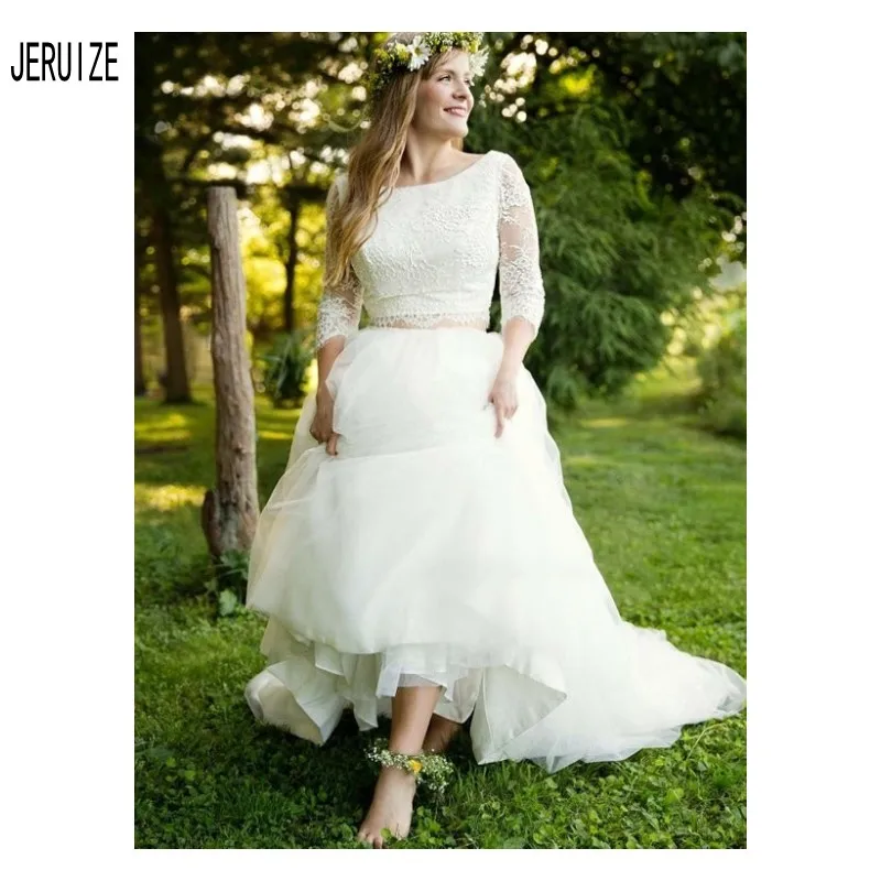 JIERUIZE – robe de mariée deux pièces en dentelle, Simple, col rond, manches 3/4, dos boutonné