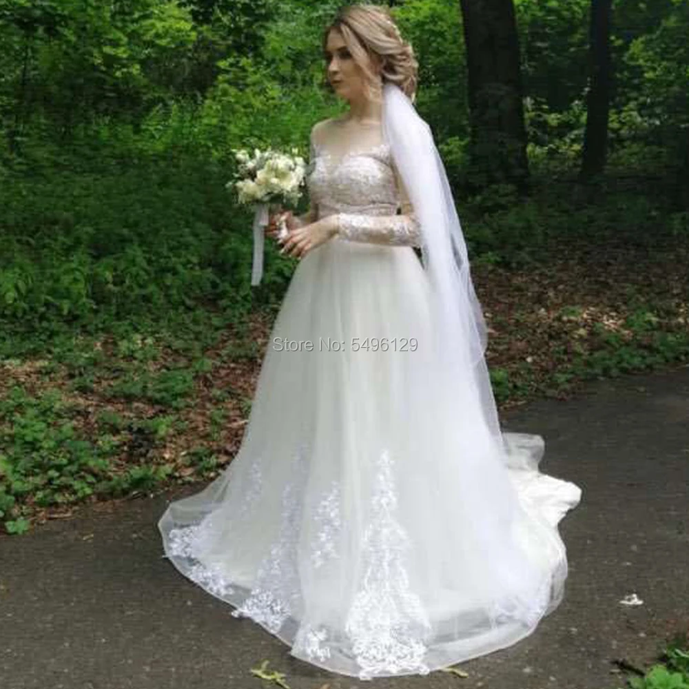 Sexy Sheer z wycięciem linii suknie ślubne romantyczne koronkowe aplikacje z długim rękawem Vestido Noiva suknie ślubne tiul suknia dla panny młodej