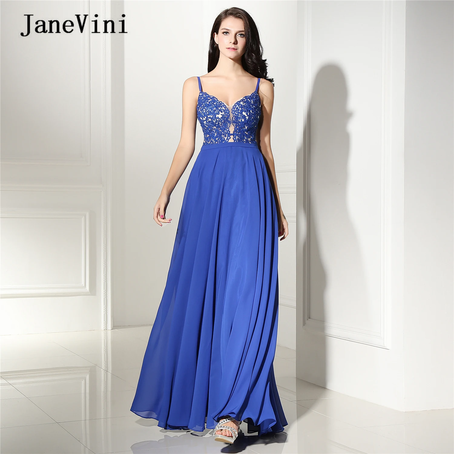 JaneVini – robe de bal trapèze bleue longue, élégante, bretelles Spaghetti, dentelle, sans manches, mousseline de soie, grande taille, Barato