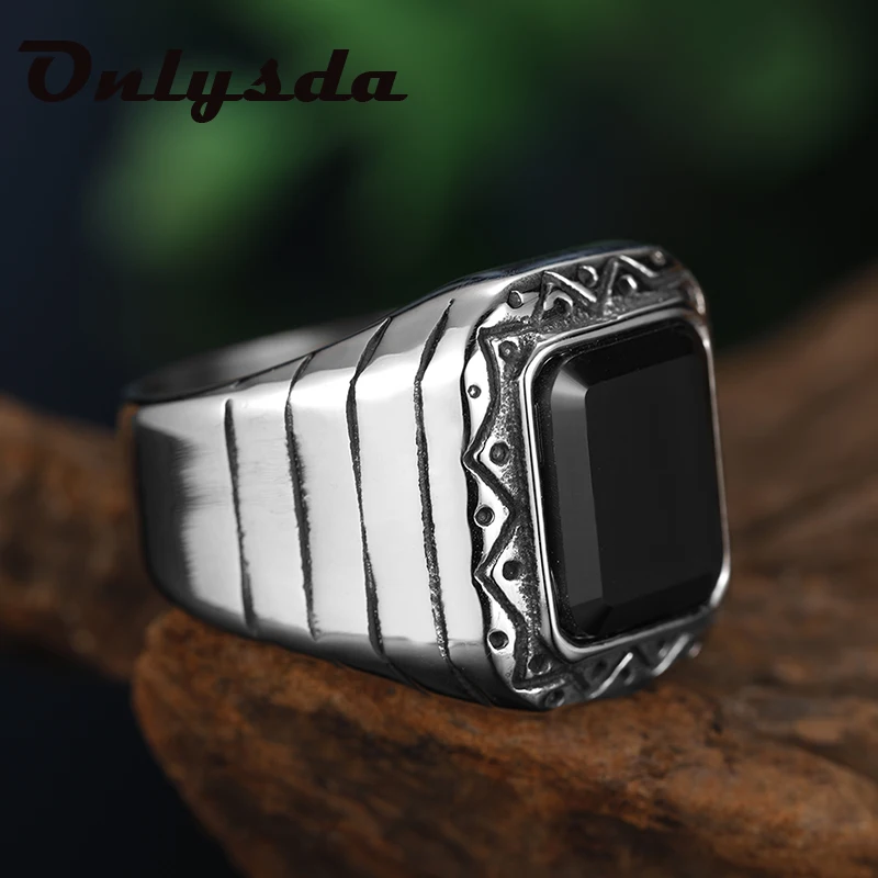 Real Stainless Steel Ring Simple For Men With Black Square Flat Gel Black Stone High Polishing Middle East Turkish JewelryOSR914