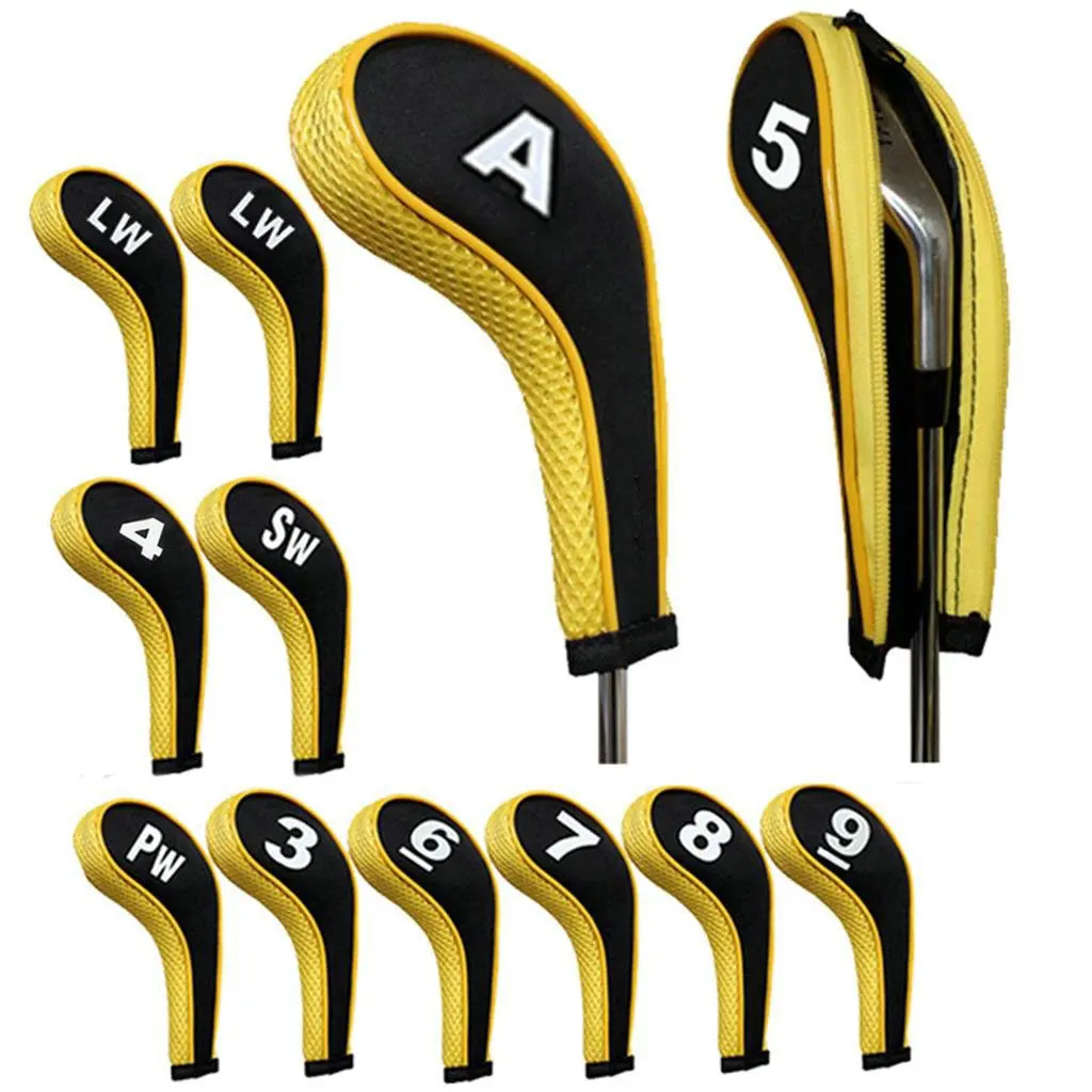 คุณภาพสูง12Pcs ยาง Neoprene Golf Head Cover Golf Club พัตเตอร์ปกป้องหมายเลขชุดพิมพ์ซิปยาวคอ