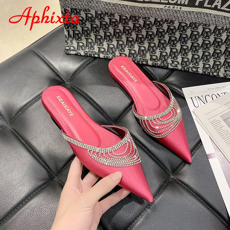 Aphixta Women Shoes Fashion Slippers Crystals Fringe Shallow Rose Red Silk Flat Heel Autumn Floral Point Toe Black Slides Mules