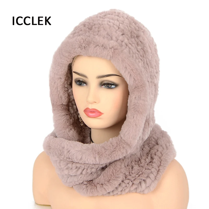 Women Knitted Real Rex Rabbit Fur Hat Hooded Scarf Winter hats for Woman Cap Warm Natural Fur Hat With Neck Scarves