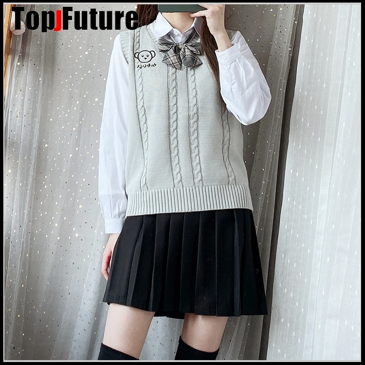 GREY Japanese JK uniform knitted vest sweater school Uniform Cardigans JK UNIFORM white PANDA embroidery sweater