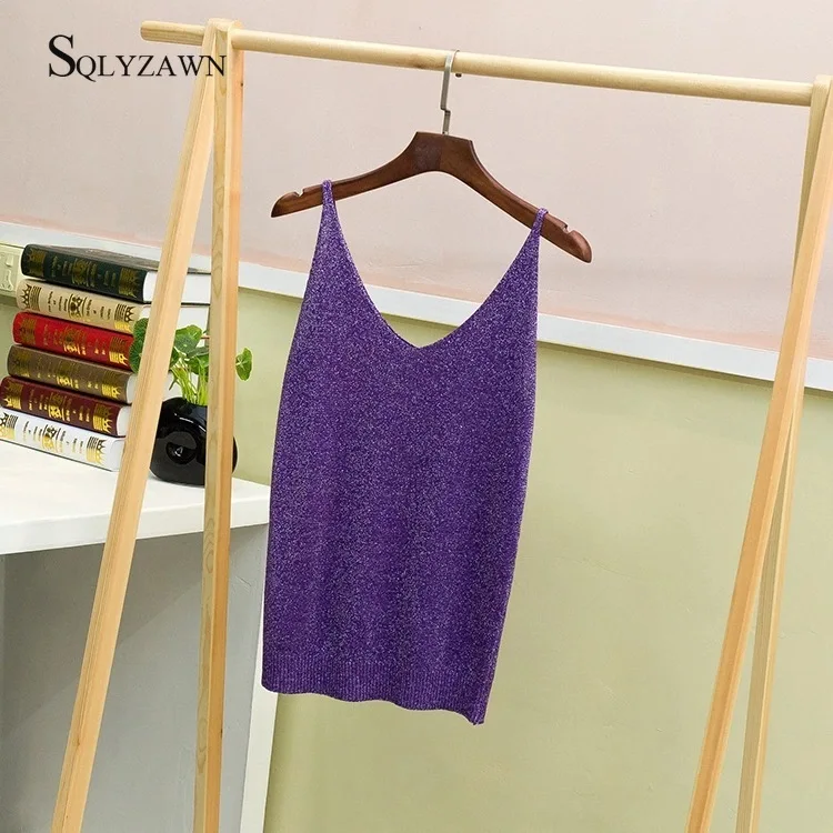 Women 2020 Sexy V Neck Knitted Tank Top Glitter Vest Summer Camisole Women Bright Silk Tank Top Casual Femme Camis Tee 18 Colors