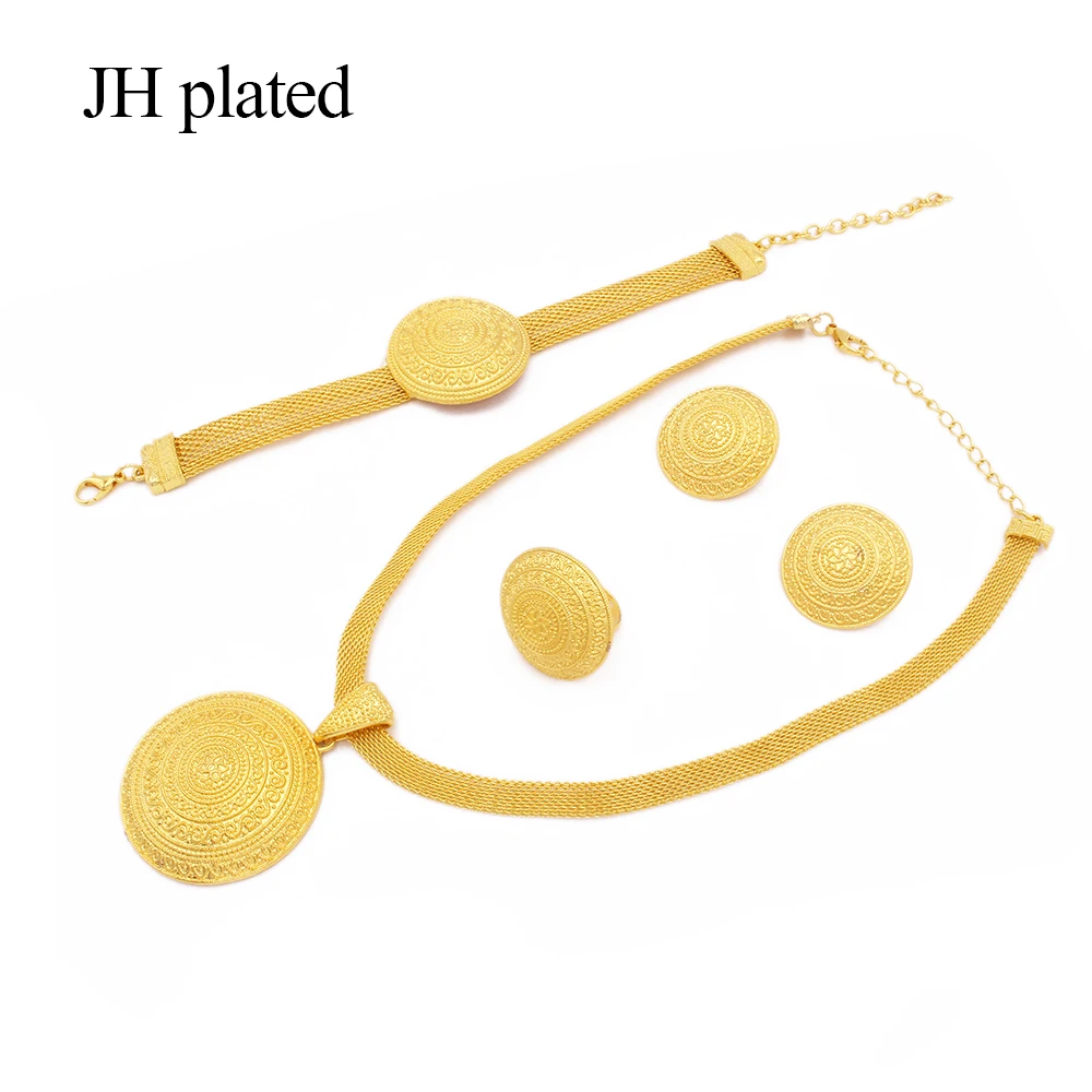 gold color jewelry sets for women Dubai African bridal party wedding gifts round pendant necklace bracelet earrings ring set