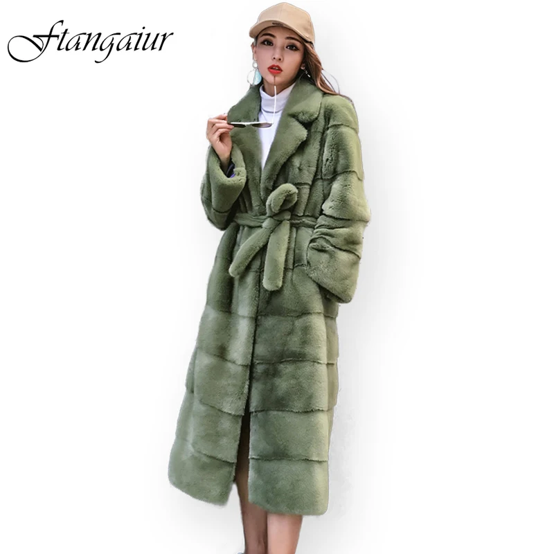 Ftangaiur Winter Import Velvet Mink Fur Coat Turn-Down Collar Full Sleeve Mink Coat Slim Women's X-Long Real Mink Fur Coats