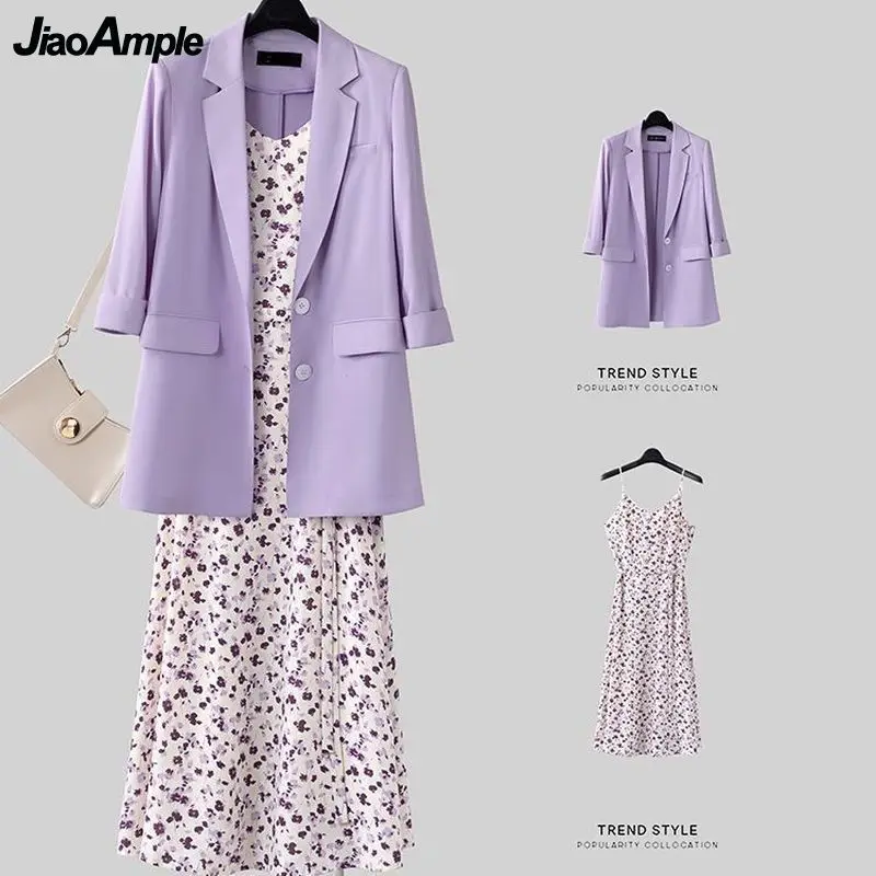 Elegant Clothing Set 2023 Summer Women Korean Graceful Leisure Suit Coat Chiffon Sling Dress Sets Lady Office Purple Jacket