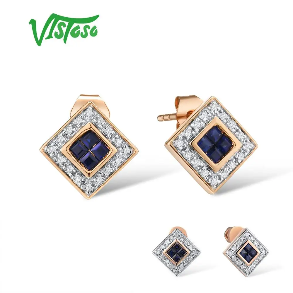 

VISTOSO Gold Earrings For Women 14K 585 Rose Gold Shiny Blue Sapphire Diamond Wedding Engagement Trendy Gift Fine Jewelry