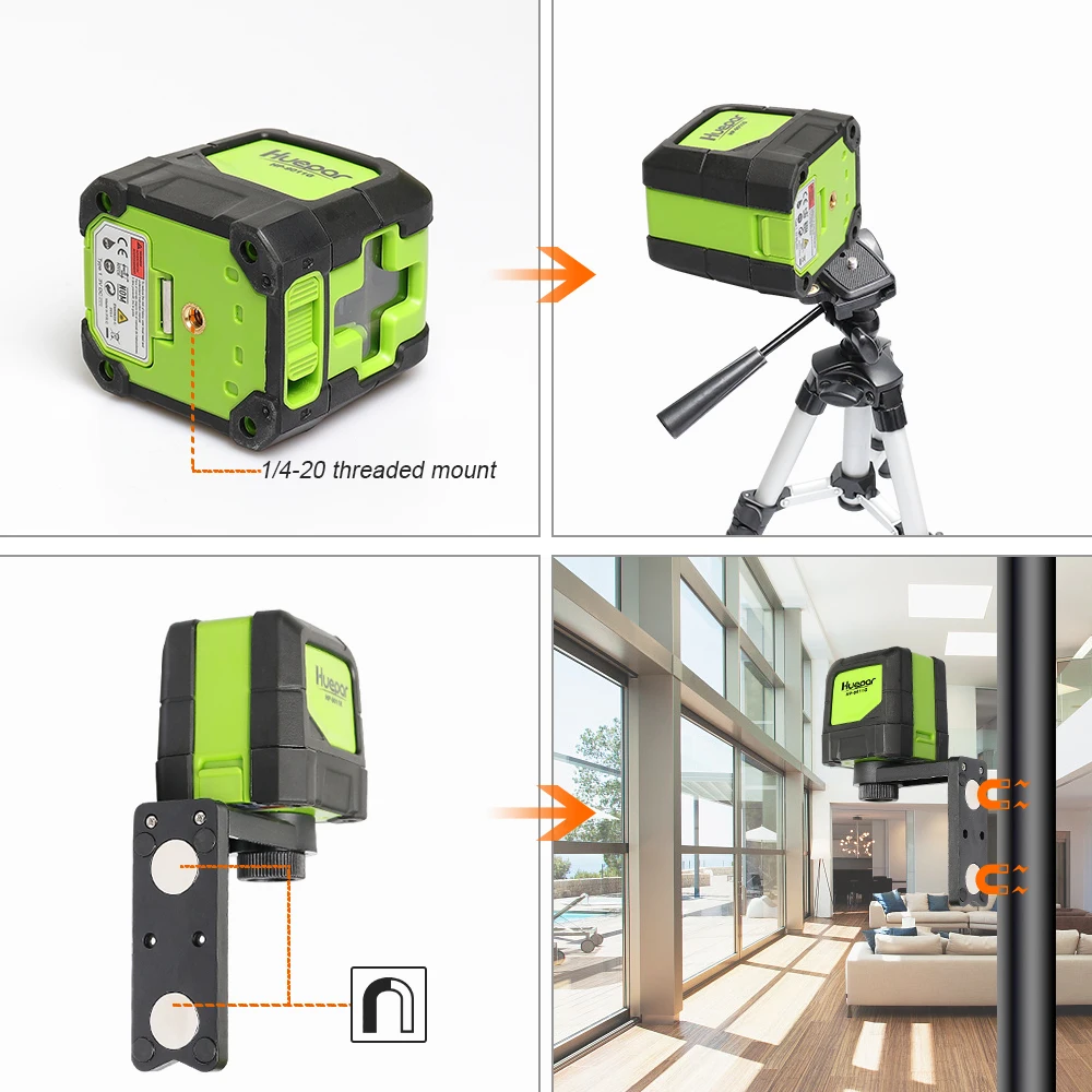 Huepar 2 lines Green Laser Level Laser Self Leveling Vertical & Horizontal Line with Magnetic Base