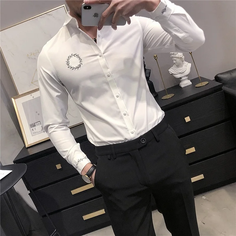 Casual Business Long-Sleeve Shirt Men Lapel Single-Breasted Embroidery Design Solid Slim Fit Korean Style Tops Spring Autumn