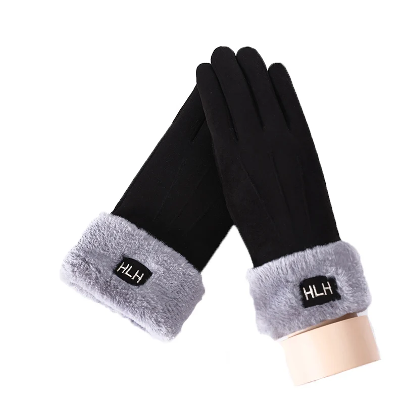 

Winter Female Warm Suede Leather Letter Outdoor Sport Cycling Mitten Women Double Thick Plush Touch Screen Driving Glove 81B