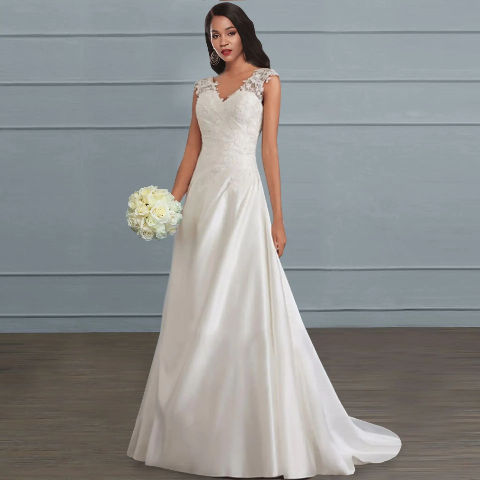 Vestido de novia elegante de encaje, talla grande, línea A, longitud completa, YSM-5191