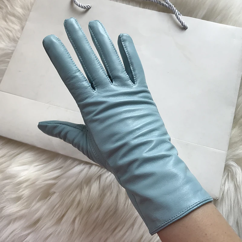 Genuine Leather Gloves 24cm Women Light Blue Thin Rayon Lining Straight Edition Style Men Pure Sheepskin Glove Color Driving