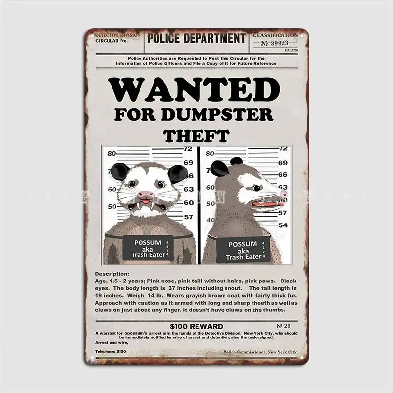 Possum Opossum A K A Trash Eater Wanted Poster Metal Plaque Painting Décor Cinema Club Party Create Tin Sign Poster