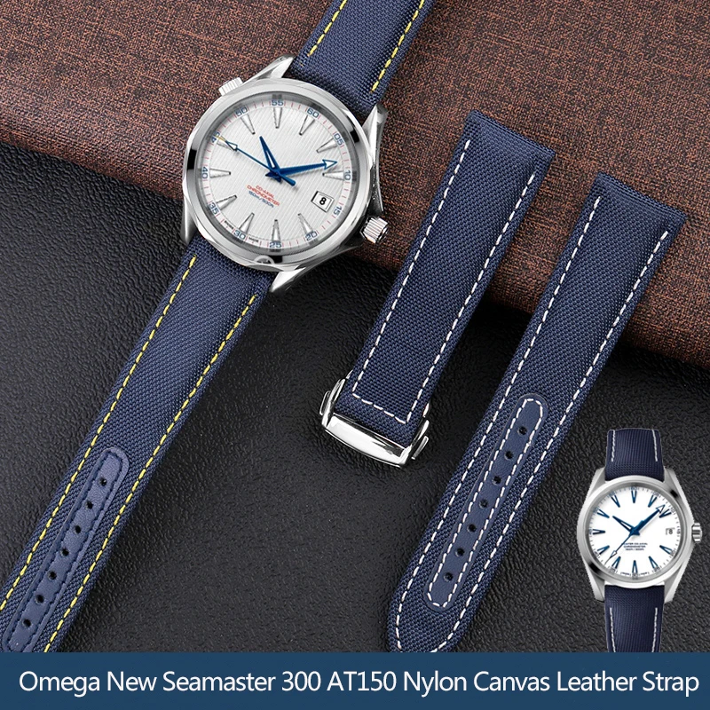 Woven Canvas Watch Strap For Omega Seamaster 300 AT150 Fabric Leather Nylon AQUA TERRA 150 Blue Black 19mm 20mm Watchband