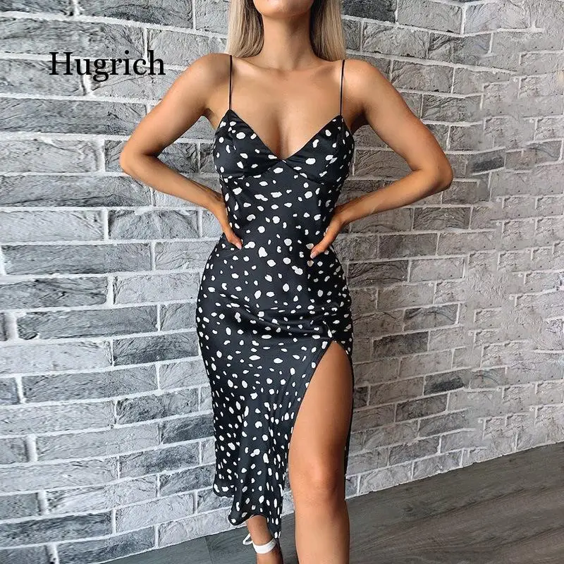 2021 Summer New Polk Dot Print Split Suspender Dress Sexy V-Neck Suspender Dress