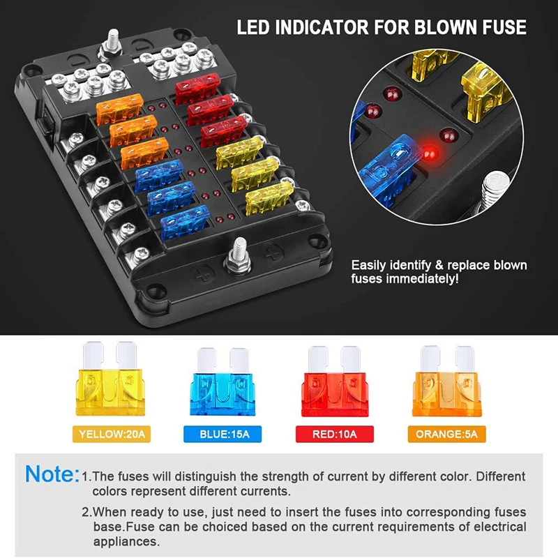 Car Boat Fuse Box Holder with 12 Way Blade Block & Warning Indicator 12V~24V Power Distribution Panel Board