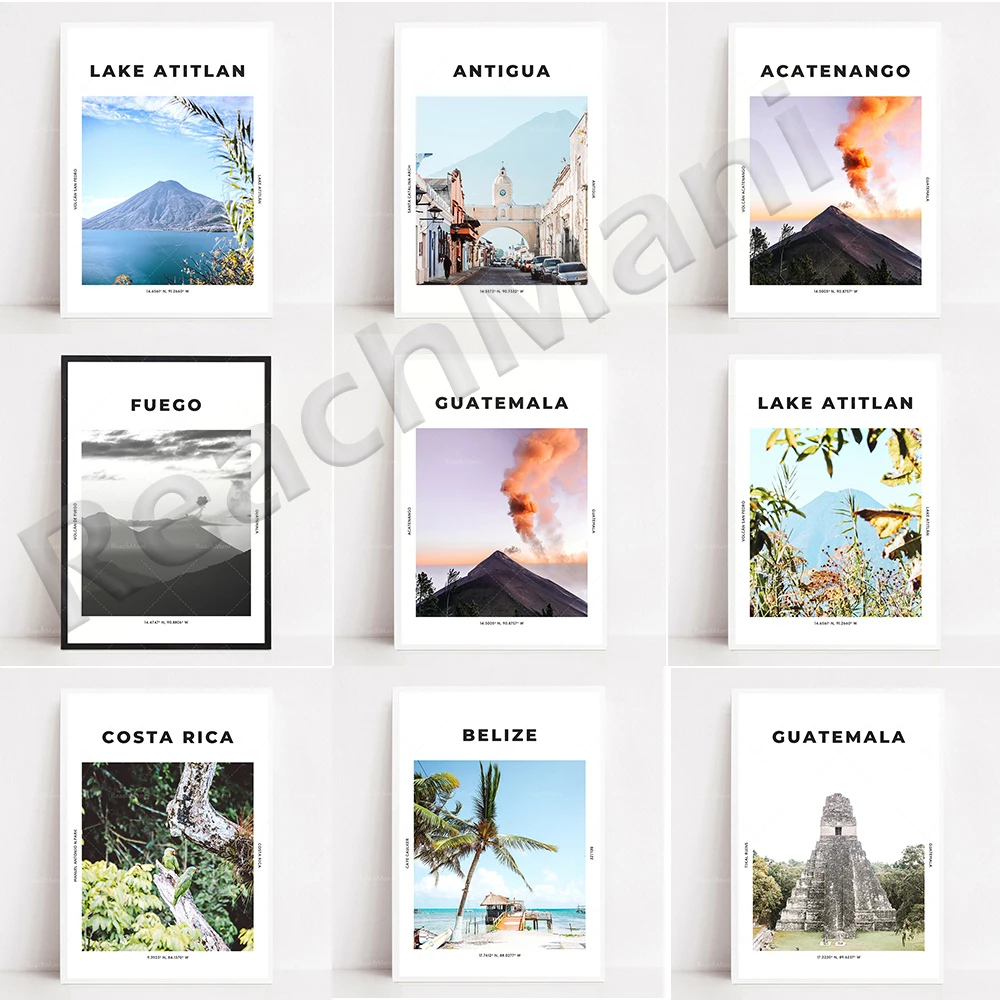 Guatemala prints, Acatenango, San Pedro volcano in Lake Atitlan, Tikal ruins, Costa Rica printed Central American travel posters