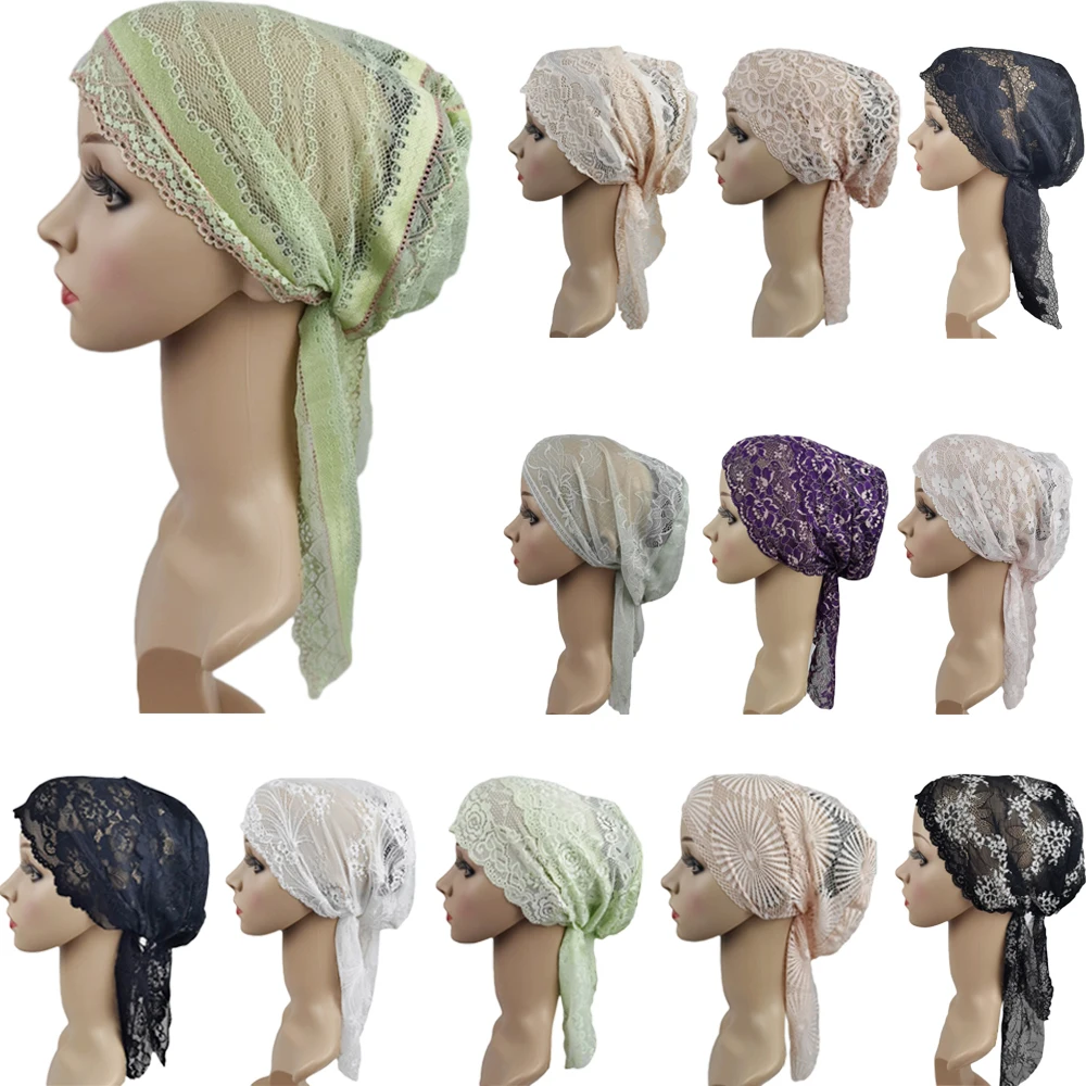 Gorro interior de encaje para mujer, Hijab musulmán, gorro Ninja, gorro de hueso, cubierta para la pérdida de cabello, pañuelo para la cabeza, turbante envolvente