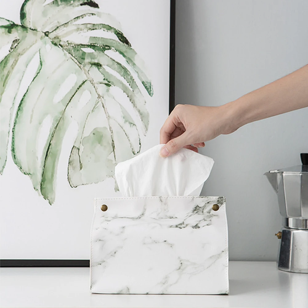 PU Leather Marble Pattern Chic Tissue Case Box Home Car Towel Napkin Papers Bag Container Holder Decoration Organizer Baskets