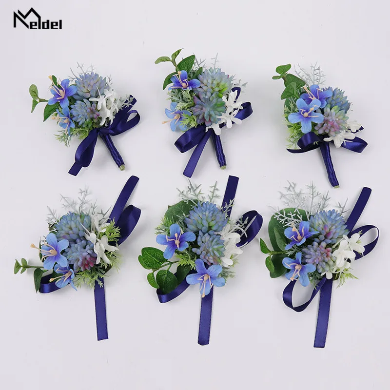 Blauw Wit Pols Armband Voor Bruidsmeisjes Bruidegom Boutonniere Pins Manchet Armband Zijde Bruiloft Getuige Zus Broche Corsage Bloem