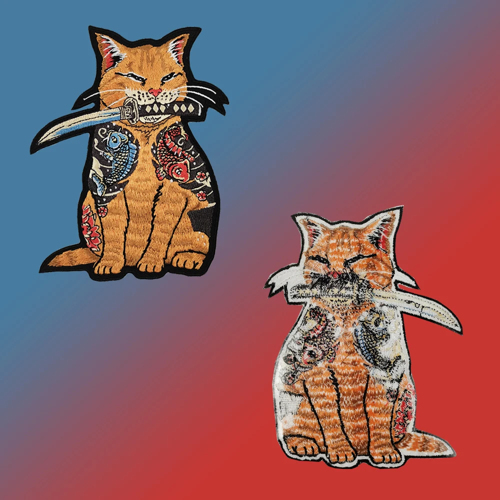 Tattoos Cat with Knife Patches Japanese Embroidered Iron on for Clothing DIY Cartoon Patch Shirts Twill Stickers Cool Appliques