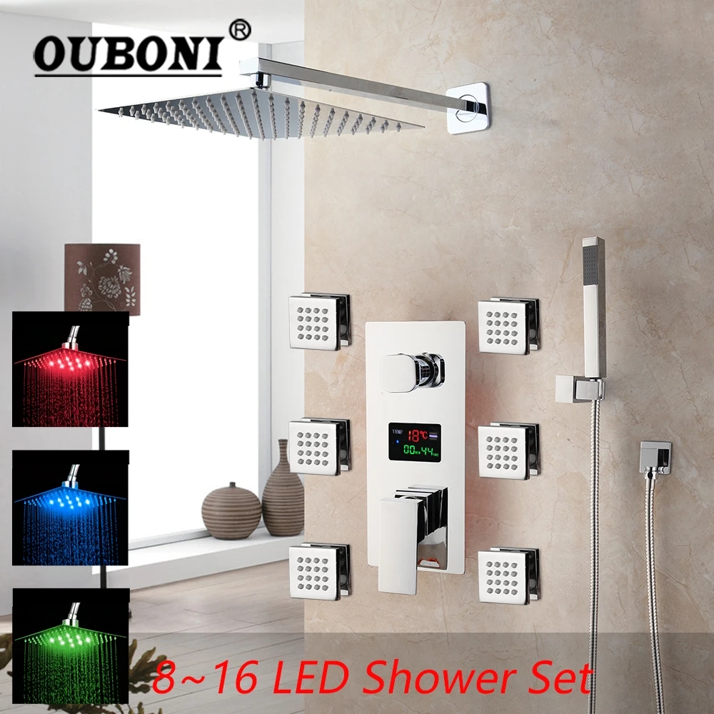 OUBONI 8/16 Inch LED Bathroom Shower Set Faucet Square Chrome Brass Message Jets Digital Display Rainfall Kit Hand Shower Set