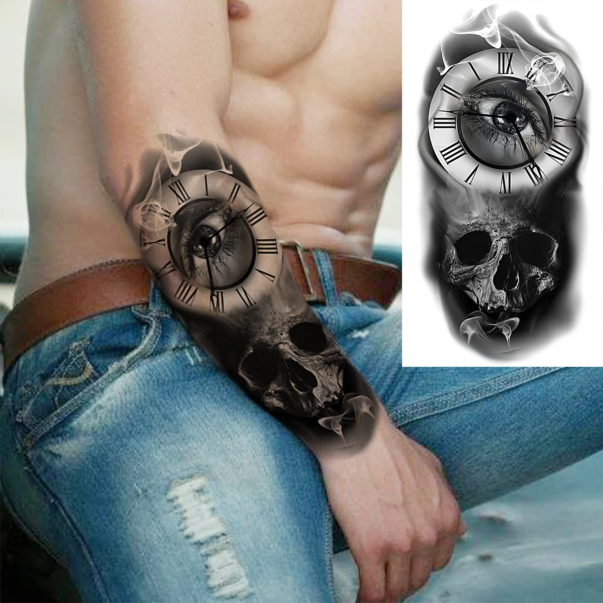 Realistic Skull Skeleton Halloween Temporary Tattoos For Women Men Tiger Lion Compass Fake Tattoo Waterproof Body Art Tatoos