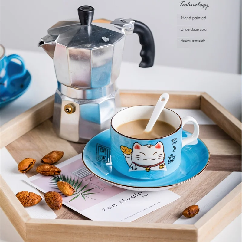 Coffee Cup Waterware Lucky Cat Dish Saucer Spoon Set Gift Box Japanese Green Handle Cartoon Tea Drinkware Home Kitchen Supplies