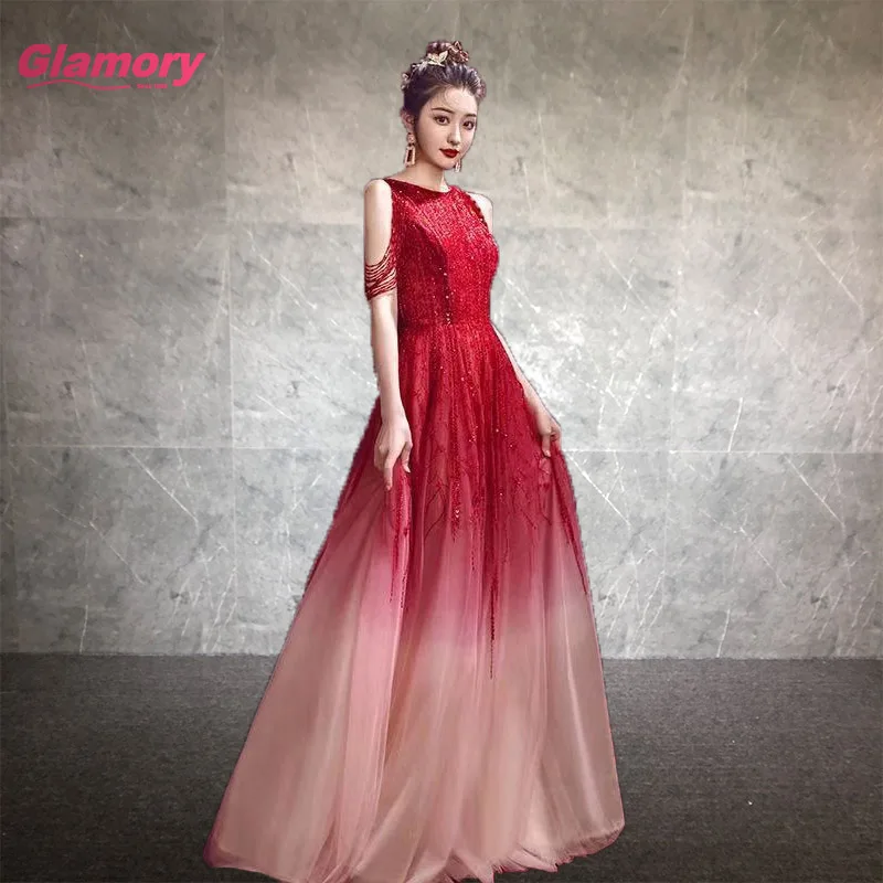 Gradient Red A Line Sleeveless Elegant Luxury Evening Dresses Beading Tassel Gowns For Women Party