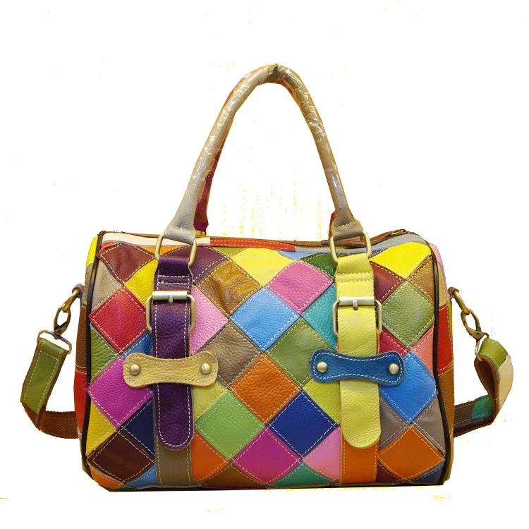 Real Leather Women\'s Casual Multi-color Plaid Stitching Handbag Fashion Colorful Random Spliced Messenger Shoulder Tote bag Q216