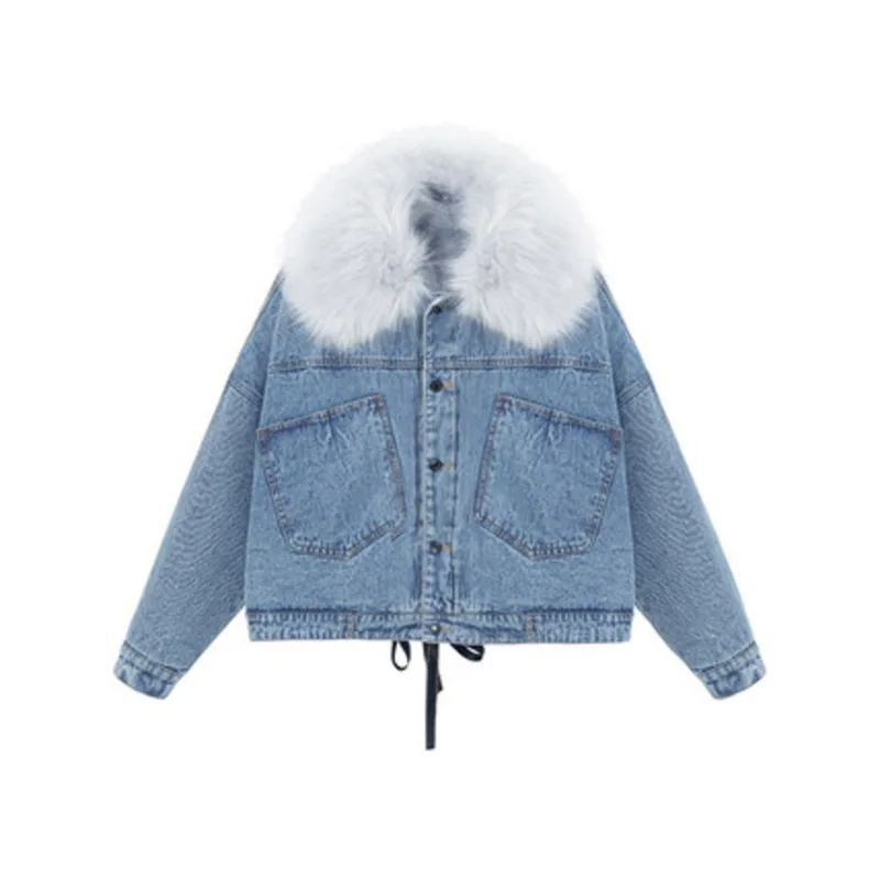 2023 Winter Women Denim Jacket Faux Fur Collar Chic Ladies Coats Big Pocket Plus Velvet Jeans Jacket Lace Up Bow Loose Outerwear