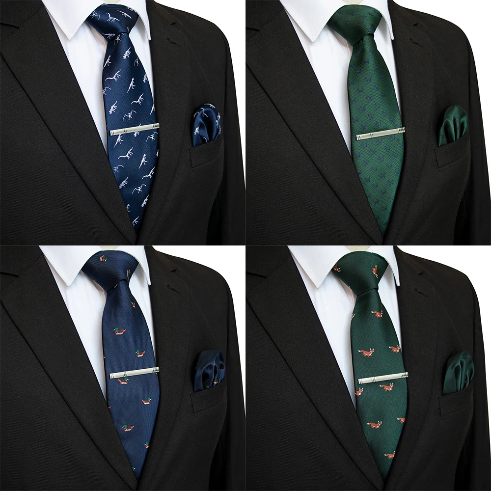 JEMYGINS 18 รูปแบบ Mens Tie รูปแบบไดโนเสาร์ 8 ซม.ผ้าไหมเนคไทพ็อกเก็ตสแควร์ผ้าเช็ดหน้าชุด TIES สำหรับผู้ชายธุรกิจ PARTY